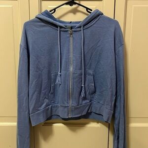 cropped blue zip up jacket
